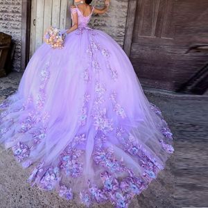 Lavender Princess Quinceanera Prom Dresses Lace Applqiues Sweet 16 Dress Court Train vestidos de 15 anos 2756