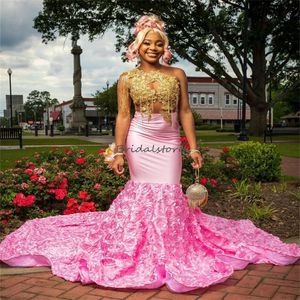 Chic Pink Mermiad Prom -klänningar för svarta flickor applikationer spets 3d blommor aso ebi aftonklänning sydafrikansk formell engagemang klänning födelsedag klänning vestidos para mujer