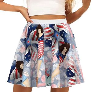 Saias saia da senhora High Waisted plissout Fine Listed Print Dress Short Tamanho Grande do Dia da Independência A-Linha A Linha A Linha