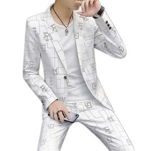 メンズスーツジャケット秋のスリムフィット1つのボタンブレザーファッションフォーマルイギリスの男性格子縞のドレスコートズボンパンツ2ピースセット240429
