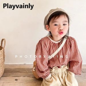 Корейский стиль весенняя девочка хлопковая льняная рубашка RedCoffee Plaid O-вырезка с длинным рукавом топ-толчок детская одежда E122027 240512