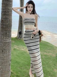 Work Dresses Holiday Sexy 2 Piece Outfit Women Casual Knitted Striped Chest Wrapped Tube Cropped Tops Sheer Maxi Long Skirt Set Mujer