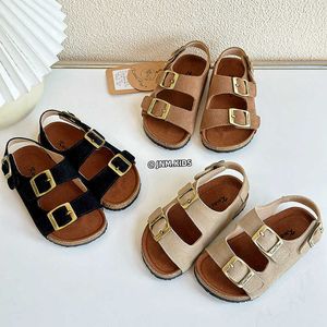 Sandals version of childrens sandals frosted genuine leather baby open toe beach shoes wooden bran soles mens and womens one line summer slippers H240513