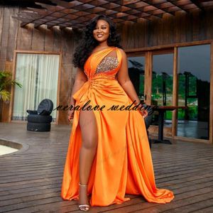 Orange Arabic Aso Ebi Beaded Crystals Evening Dress 2021 High Split Prom Dresses One Shoulder Formal Party Second Reception Gown 240j