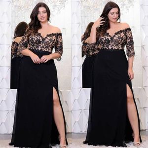 Black Lace Plus Size Evening Dresses With Half Sleeves Off The Shoulder Split Side Evening Gowns A-Line Chiffon Formal Prom Dress SD335 230u