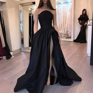 Nowe czarne sukienki na studniowe suknie balowe pociąg wysoko szczelinę satyna seksowna impreza maxys długa suknia balowa sukienka wieczorowa szata de soiree 323Q