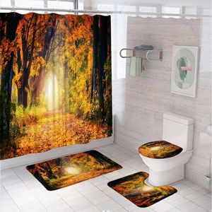 シャワーカーテン秋のメープルフォレストカーテンセット自然景色の木バスルームノンスリップバスマット台座敷物のふたトイレカバー