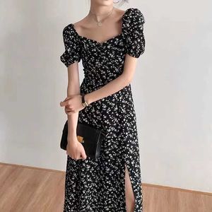 Basic Casual Dresses French square neckline floral print dress womens puff sleeves high waisted A-line womens sweetheart daily date long VestedosL2405