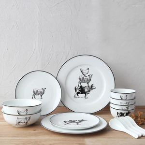 Bandejas de chá Creative Farm Style Europa Europa Desenhos de jantar de cerâmica 18pcs Presente de casamento Placas de sopa de mesa de mesa/pauzinhos/tigela de prato/tigela