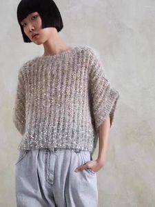 Women's Sweaters High Quality Women Handmade Beaded Short Batwing Sleeve Tops Shirt Elegant Lady Pullover Sequins Gradient Mohair Knitting