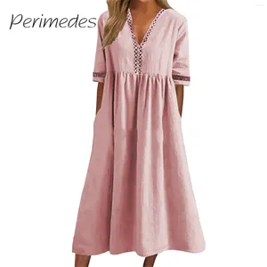 Casual Dresses Spring And Summer Dress For Women Solid Color Loose Flowy Drape Short Sleeved Lace Pleated Hem V-Neck Vestidos