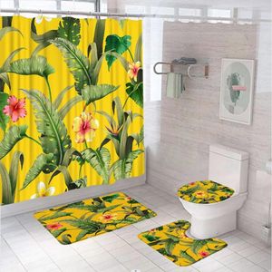 Duschvorhänge tropische pflanzliche grüne Blätter Vorhang Set Aquarell Dschungel Blume Badezimmer Nicht-rutschfeste Teppich Bad Matten Deckel Toilettenabdeckung