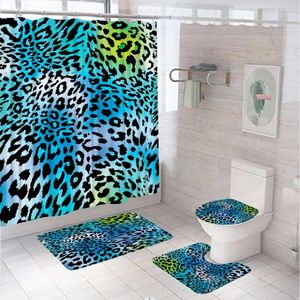 Shower Curtains 4Pcs Leopard Blue Curtain Sets Animal Fur Texture Creative Bathroom Non-Slip Bath Mat Pedestal Rug Toilet Covers