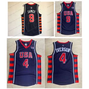 2004 Equipe EUA LeBron James Allen Iverson Jersey Trowback Blue Size S-xxl