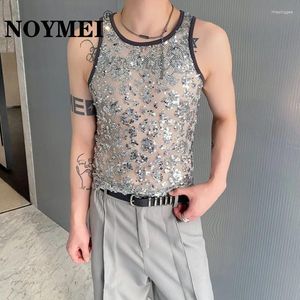 Herrtankstoppar Noymei Summer Sequin Patchwork Elastic Tight Round Neck Top Trendy Sexig Waistcoat Fashion Sleeveless WA4411