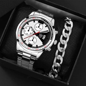 Armbandsur Luxury Mens Classic Quartz Wrist Fashion Men rostfritt stål kalenderföretag es manliga armband set y240510