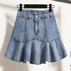 Plus-storlek L-5XL Y2K Denim En linjekjol för kvinnor Hög midja Fashion Summer Pleated Jean kjolar Kvinnliga vintage Korea kläder 240513