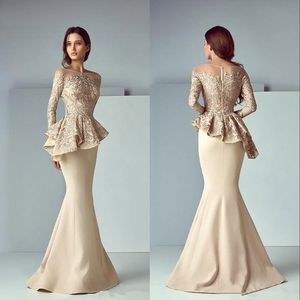 Champagner Spitze Meerjungfrau Peplum Langer Abend Drehboot Hals Langarm Dubai Arabisch Kleid sexy Promkleider Robe de Soiree 280y