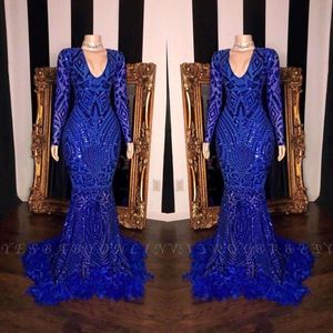 Royal Blue Lace Feather Mermaid Prom Dresses Black Girls V Neck Long Sleeves Sweep Train Formal Evening Party Gowns Real Image BC3607 283i