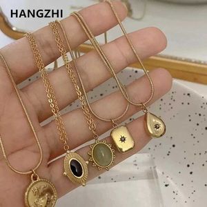 Pendant Necklaces Hangzhi 2021 New Korean Retro Water Drop Star Round Bear Oval Pendant Necklace Geometric Gold Titanium Steel Jewelry J240513