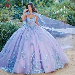 Lavender Off The Shoulder Quinceanera Dress Lace Applique Beading Tull With Cape Sweet 16 Vestidos De XV 15 Anos Ball Gown