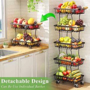 Kitchen Storage Elegant Boho-Style 5-Tier Wire Basket On Wheels - Space-Saving & Organized For Fruits Vegetables