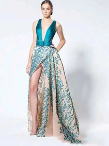 Runway Dresses Blue High Split With Appliques Deep V Neck Evening Dresses Prom Dresses High Low Formal Party Gowns Custom Made