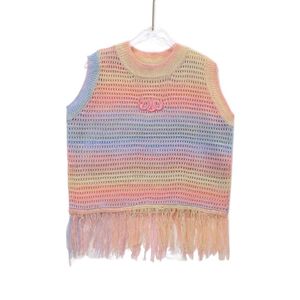 Women o-neck gradient rainbow color hollow out knitted fringe tassel bottom vest designer crop top tank