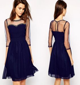 Cute Dark Navy Blue Short Cocktail Dress Sheer Beaded Chiffon Midi Special Occasion Prom Dress Evening Party Dress Plus Size Custo1584004