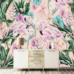 Wallpapers Nordic Tropical Rain Forest Plant Flamingo Background Wall Painting Factory Wholesale Wallpaper Mural Custom Po