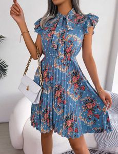 Basic Casual Dresses Womens elegant printed bow slim fitting waist pleated summer dressL2405