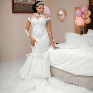 2024 Vintage Mermaid Wedding Dresses Bridal Gowns High Neck Long Sleeves Organza Lace Appliques Beads Pearls Plus Size African Nigerian Fishtail Robe De Mariee 0513