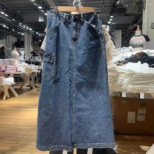 Skirts Pockets Denim Midi Skirt Women Summer Clothes 2024 High Waist Cotton Jean Girls Youthful Trending Y2K Long