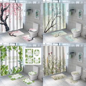 Tende per doccia fiore di ciliegio tessuto tende da bagno set di foglie verde fiore anticarro tappeto tappeto coperchio di copertura tappetini da bagno coperchio