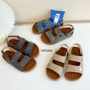 Sandals Korean Childrens Shoes Summer New Boken for Boys Open Toe Beach with Wood Bran soles Girls One line sandals H240513