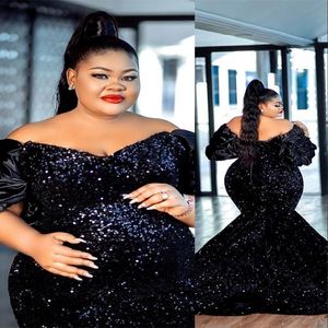 2021 Navy Blue Sequined Lace Evening Dresses Wear Half Sleeves Mermaid Pregnant Maternity Plus Size Off Shoulder Sequins Party Gowns Mo 227Z