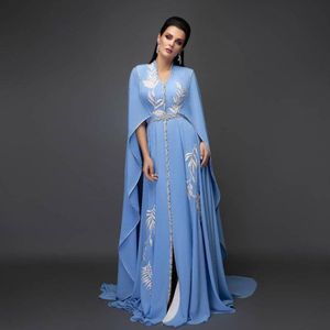 2021 Blue Plus Size Arabic Aso Ebi Sexy Chiffon Caftan Prom Dresses Embroidery Crystals Evening Formal Party Second Reception Gowns Dre 2459