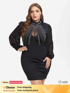 Plus size Dresses Plus Sized Clothing Contrast Mesh Shiny Rhinestones Dress Mesh Lantern Slve Backless Dress Sexy Bodycon Dresses Night Clubwear Y240510