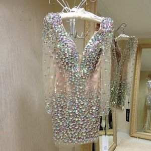 Sexy Champagne Short Evening Prom Dresses 2022 Long Sleeves V Neck Crystal Beads Mini Cocktail Dresses Formal Graduation Party Gowns 338I