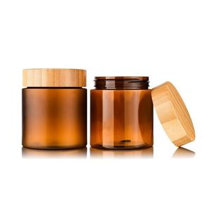 Recipiente de creme de manteiga corporal garrafas de embalagem âmbar Cosmético de estimação de 5 onças de 8 onças de jarra de plástico com tampa de bambu de parafuso tampa de madeira 50ml 150ml 250ml CNWP