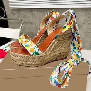 Leather Espadrille Shoes Real Silk Ankle Strap Wedge Sandals Women Espadrilles High Heels Summer Shoe Platform Wedding Dress Shoes With Box 565