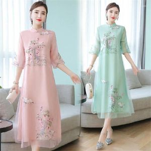 Casual Dresses Women Dress Ethnic Vintage Chinese Cheongsam Qipao Flower Embroidery Long Hanfu Loose Elegant Fairy Party Pink Green