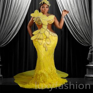 ASO EBI 2024 Mermaid amarelo Prom Vestidos de Florals Feather Festa de lantejoulas Festa formal Segunda recepção Promdress Promdress Promdress LF016