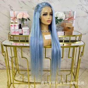 360 Degree Full Lace Wig Brazilian Bone Straight 13x4 Transparent Lace Front Human Hair Wig Sky Blue Women Pre-Stretched Shiny Multiple Colors