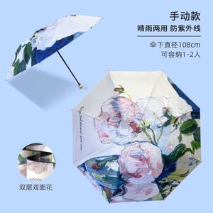 Automatic Sunshade for Women, Fresh Sunscreen Umbrella, Flower Color Printing Pattern, Sun and Rain Dual Use, Black Glue Three Fold Umbrella