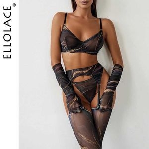 Set sexy Ellolace Erotic Senual Lingerie Tie Dye Intwear in pizzo con guanti lunghi in calcio See attraverso abiti Bilizna Fancy Sensual Q240511