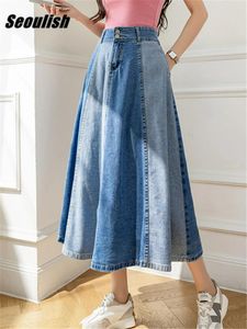 Skirts Seoulish 2024 Colorblock Women's Denim Long Classic High Wasit Umbrella Jeans Female Straight A-Line