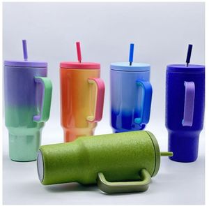 Tumblers de aço inoxidável de 40 onças com alça de tampa à prova de vazamentos e canecas de carro de viagem com capa com palha de palha continuam bebendo garrafas de água fria 0518