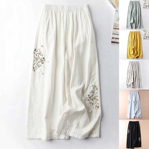 Women's Pants Capris Womens Ethnic Style Casual Pants Womens Embroidered Elastic Waist Wide Legs Trousers Womens Pantnes Cotton Linen Culotes Y240509