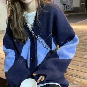 Damen Strick Strickjacke Frauen Geometrische V-Ausschnitt Langarm gestrickte Pullover Baggy Koreanische Retro-Freizeitstudenten in Sturz elegant